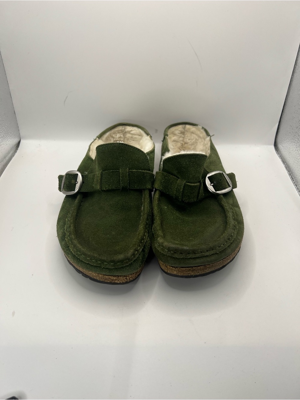 Birkenstock Olive Green Suede Shearling Clogs with Buckle - Picture 12 of 13